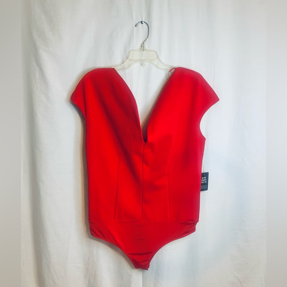 Express Fitted Ponte Sweetheart Neckline Off The Shoulder Red Bodysuit. SKU 139 - Picture 3 of 11